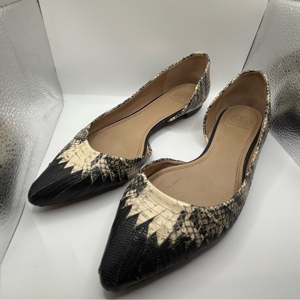 Tory Burch Embossed Snake Print D’Orsay Pointed Toe Flats